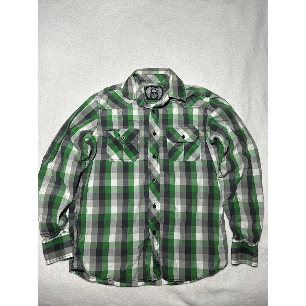 Eighty Eight Plaid Button Down Shirt Green Gray Western Pockets Sz S Cotton EUC